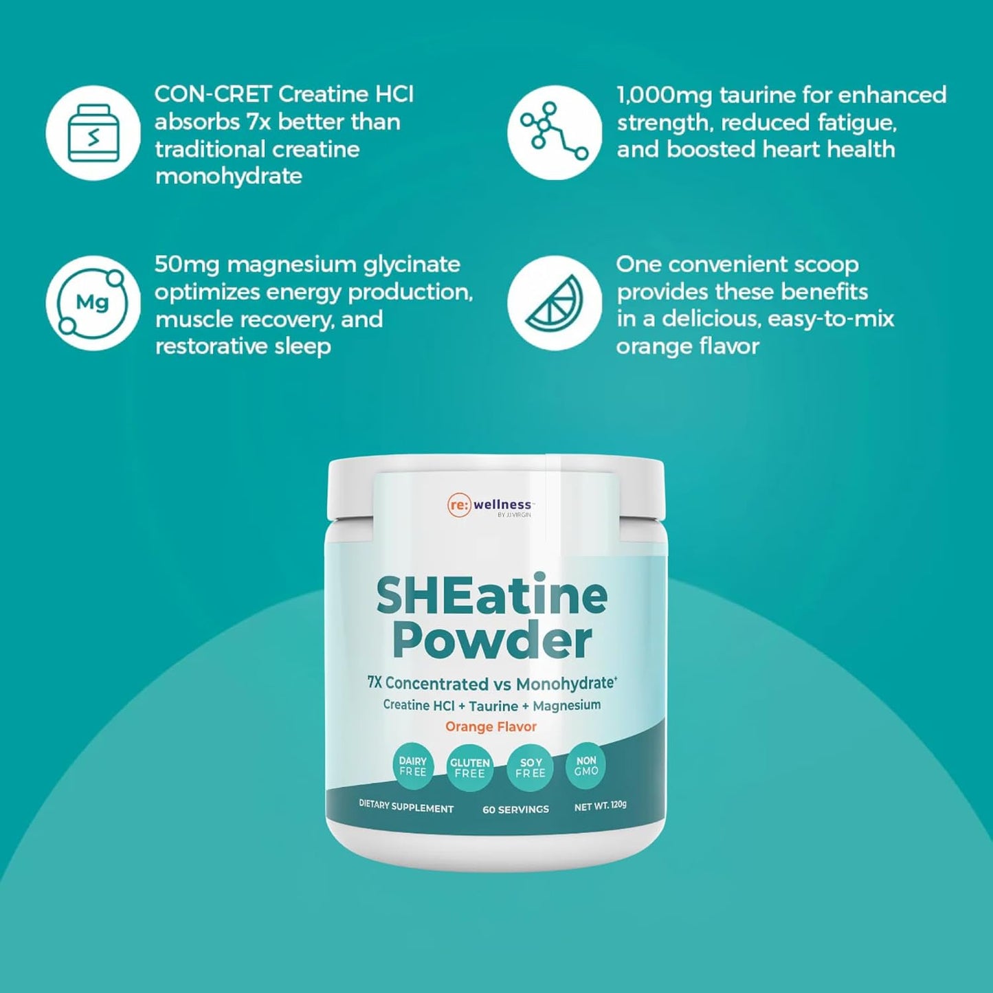 Reignite Wellness by JJ Virgin | SHEatine Powder | Creatine Trifecta for Powerful Aging | Creatine HCL, Taurine & Magnesium Glycinate | Orange Flavor 60 Servings