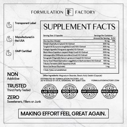 Formulation Factory Self Obsessed 10-in-1 Natural Testosterone Booster for Men, Testosterone Supplement for Men with Shilajit, Tongkat Ali, Fadogia Agrestis, 120 Capsules, 2 Month Supply