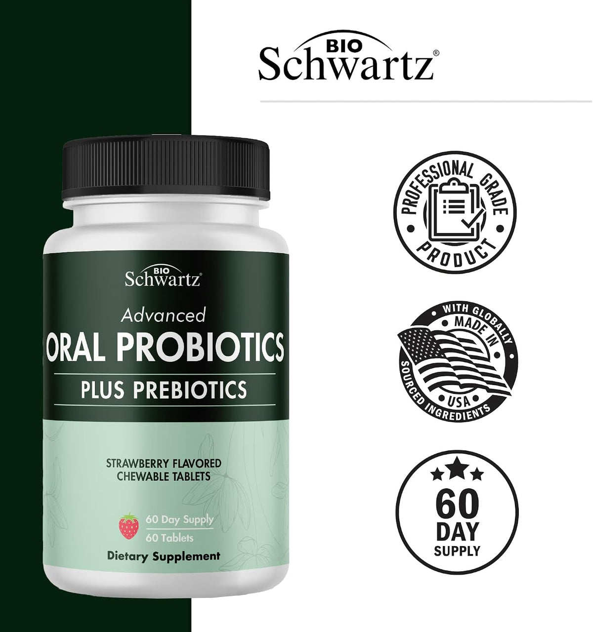 Oral Probiotics Supplement with Prebiotics, Strawberry Flavor, 60 Tablets