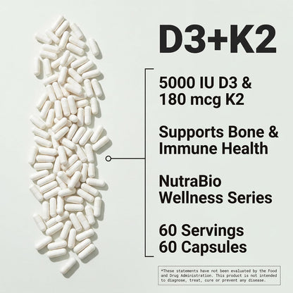 NutraBio Vitamin D3 K2 | 5000 IU D3 as Cholecalciferol with Vitamin K2 as MENA-Q MK7 (180mcg) | Support Bone and Heart Health | Non-GMO, Gluten Free, Lactose Free | 60 Vegetable Capsules