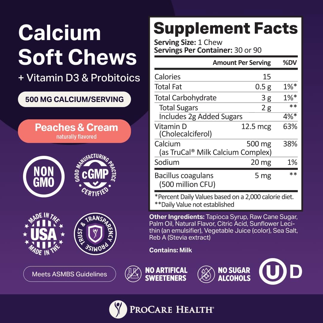 ProCare Health TruCal Calcium Soft Chews – Peaches & Cream Flavor | 500mg Calcium, 500 IU Vitamin D3, 500 Million CFU Probiotics | Bone & Digestive Support | 30 Count