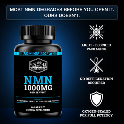 Black Forest NMN Supplements 1000mg (Nicotinamide Mononucleotide) 99% Pure, Stabilized Form, BioPerine® for Enhanced Bioavailability (60 Capsules) (NMN 1000mg per Serving) NAD Supplement for NAD