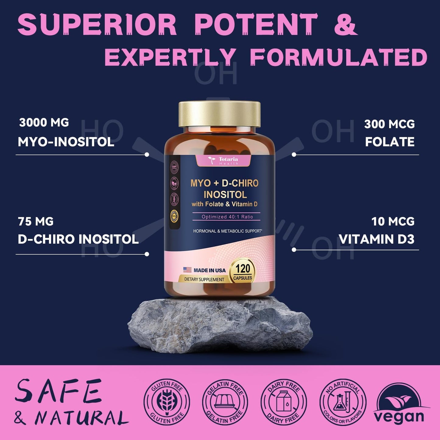 Totaria Myo-Inositol & D-Chiro Inositol Supplement Capules 3075mg, Plus Multivitamin Vitamin D3, Folate, Ideal 40:1 Ratio - Hormonal Balance for Women & Ovarian* Support | Vegan, Non GMO - 120 Caps