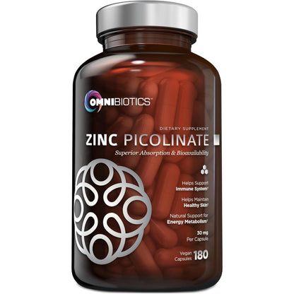 OmniBiotics Zinc Picolinate 30mg Supplement – High Absorption Zinc for Immune System, Healthy Skin, and Energy Support – 180 Vegan Capsules