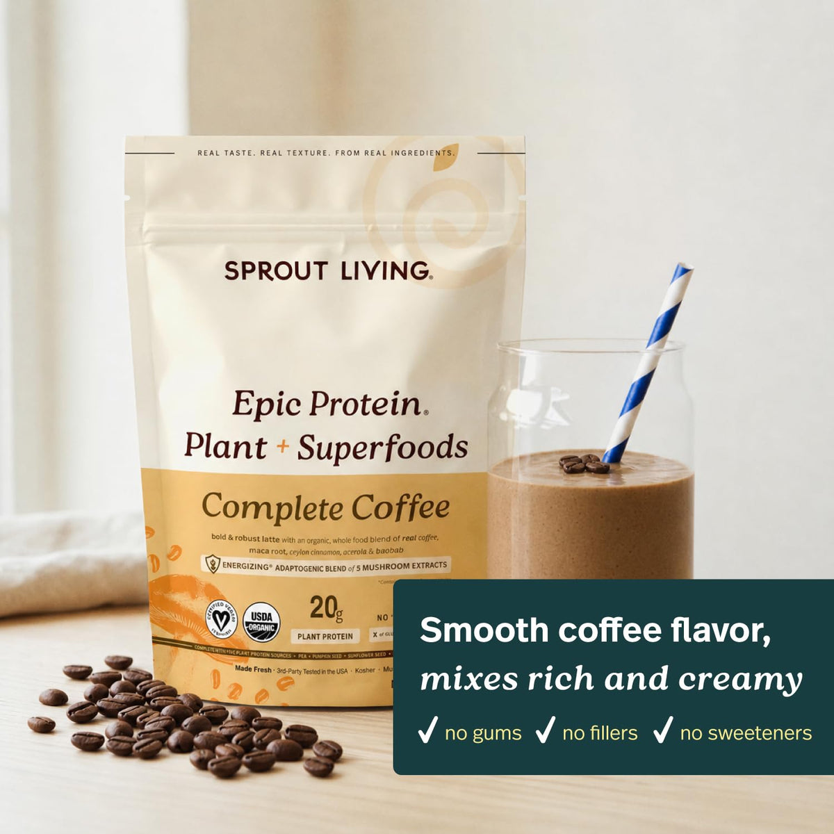 Sprout Living Epic Protein, Plant Based Protein & Superfoods Powder, Vanilla Lucuma Powder | 20 Grams Organic Protein Powder, Vegan, Non Dairy, Non-GMO, Gluten Free, Low Sugar (1 Pound, 12 Servings)