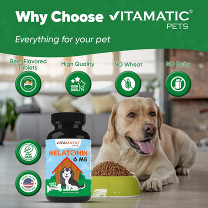 Vitamatic Pets Melatonin 6 mg Chewable Tablets for Dogs, 120 Count | Sleep Health Support*, Beef Flavored Tablet, Non-GMO, Gluten Free, Made in USA