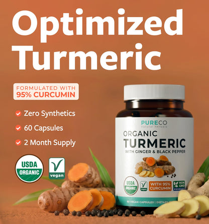 Organic Turmeric Ginger Black Pepper Supplement - High Potency Organic Turmeric Curcumin Capsules with Ginger & Black Pepper for Enhanced Benefits and Absorption - Vegan & Non-GMO (2 Month Supply)