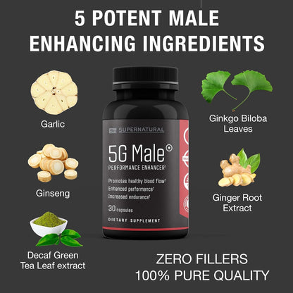 Supernatural Man 5G Male Natural T Booster Enhancing Supplement for Blood Flow, Stamina, Strength & Endurance Ginseng, Garlic, Ginkgo, Ginger Root, Vitamin D - Supports Healthy Males - 30 Capsules