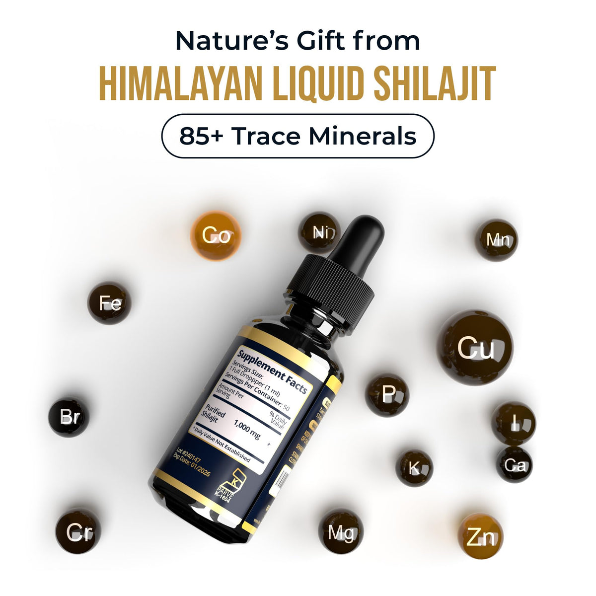 Pure Himalayan Shilajit Liquid Drops - 1000mg Natural Shilajit Drops - 85+ Trace Minerals