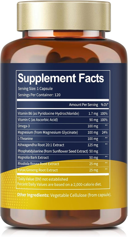 Totaria Cortisol Supplement with Ashwagandha,Magnesium,Rhodiola Rosea,L Theanine,Hormone Balance for Women 120 Vegan Capsules (Pack of 1)
