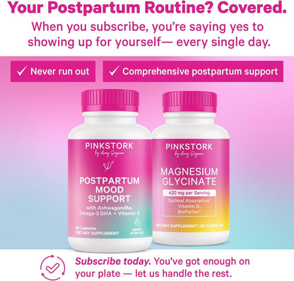 Pink Stork Postpartum Mood Support, 30-Day Supply | Postnatal Supplement for Women, Breastfeeding Friendly, Ashwagandha, Saffron, DHA, Methylated B12, Stress & Cognitive Support