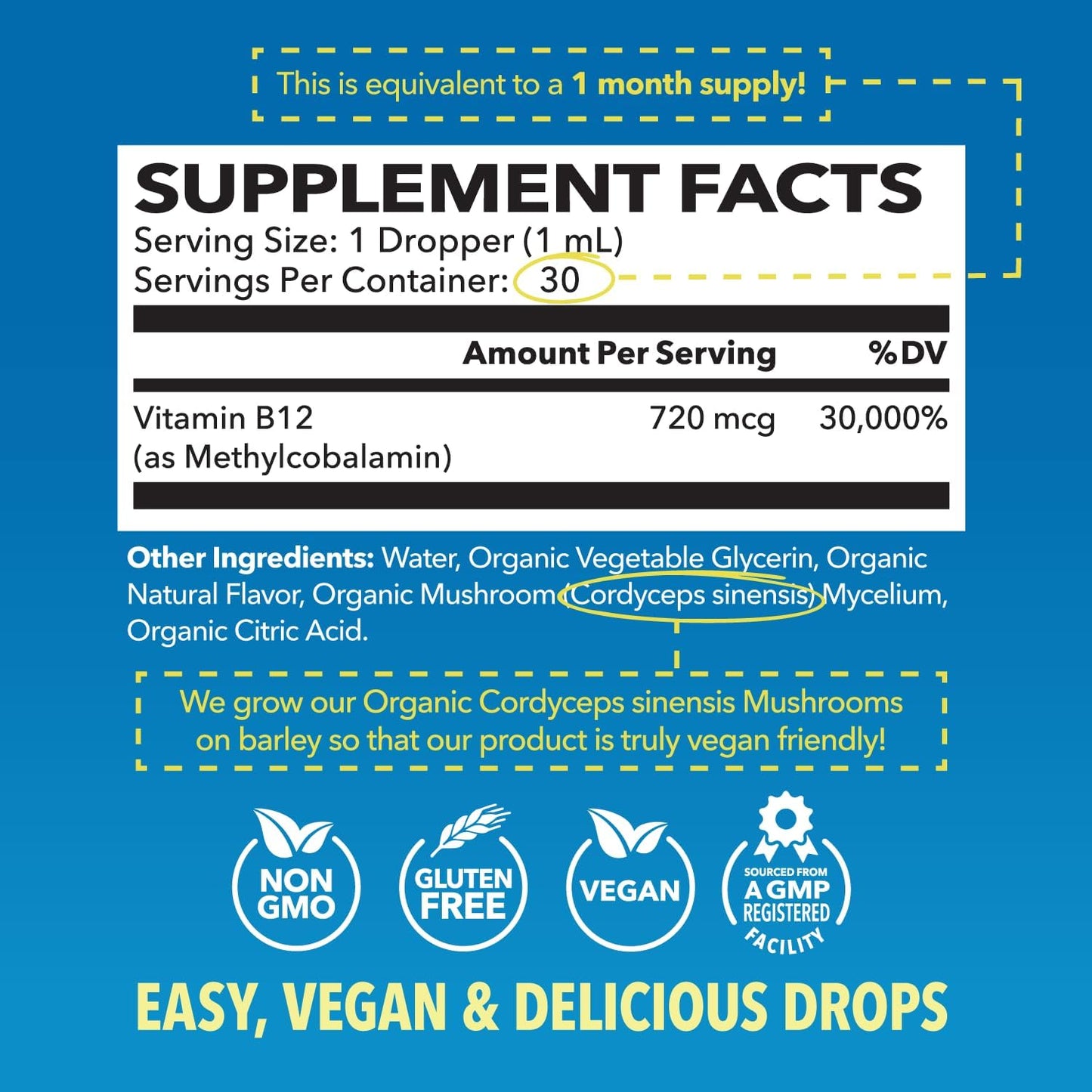 Organic Vitamin B12 Liquid Drops, Strawberry, Enhanced Energy, 1 Fl Oz | USDA Organic Vitamin B12 Liquid Drops, Highly Bioavailable Methylcobalamin for Nervous System Support, 30 Servings, Non-GMO