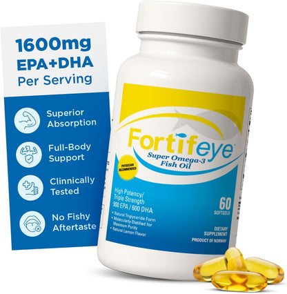 Fortifeye Super Omega-3 Fish Oil - 60 Count - 1600mg EPA + DHA - Triple Strength Ultra-Pure rTG Omega-3 Expertly Concentrated & Purified in Norway from Sustainably Sourced Wild Fish - Lemon Flavor