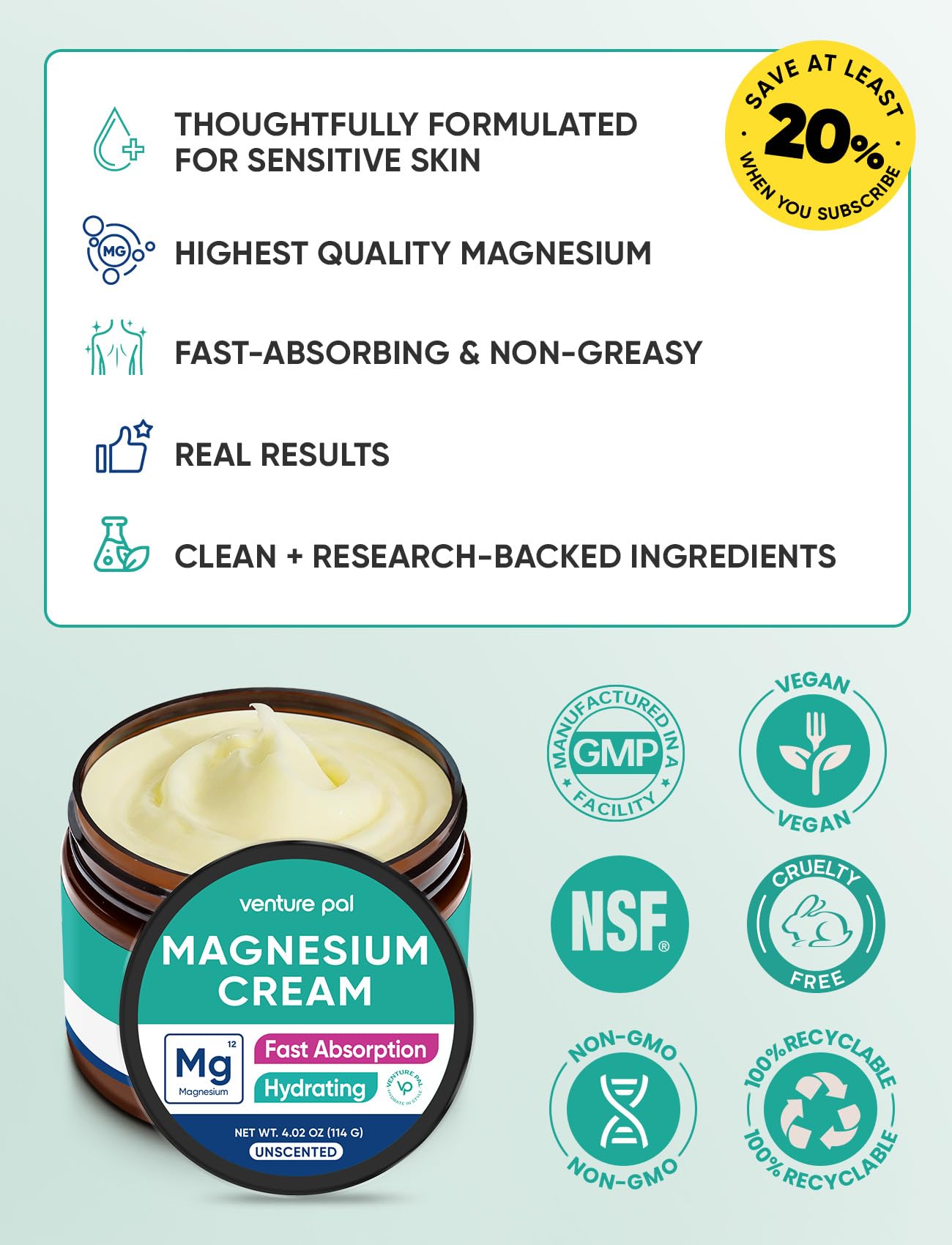 Venture Pal Topical Magnesium Cream, Highly Concentrated Magnesium Lotion | Fast-Absorbing Magnesium Moisturizing Cream with Coconut Oil, Shea Butter & Hyaluronic Acid; Suitable for Kids