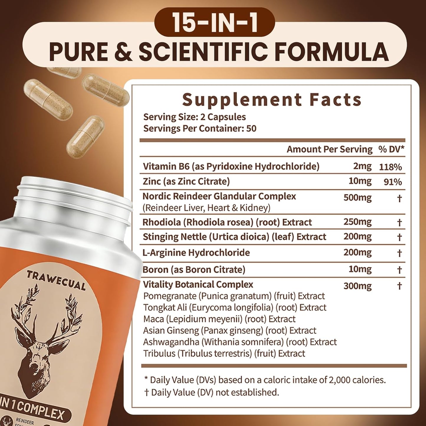 15-in-1 Reindeer Organ Supplement with Arctic Herb for Men, 100 Capsules | 500mg Reindeer Organ Complex with Rhodiola, Nettle, Tongkat Ali, Supports Energy, Stamina & Overall Wellness, 50 Day Supply