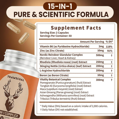 15-in-1 Reindeer Organ Supplement with Arctic Herb for Men, 100 Capsules | 500mg Reindeer Organ Complex with Rhodiola, Nettle, Tongkat Ali, Supports Energy, Stamina & Overall Wellness, 50 Day Supply