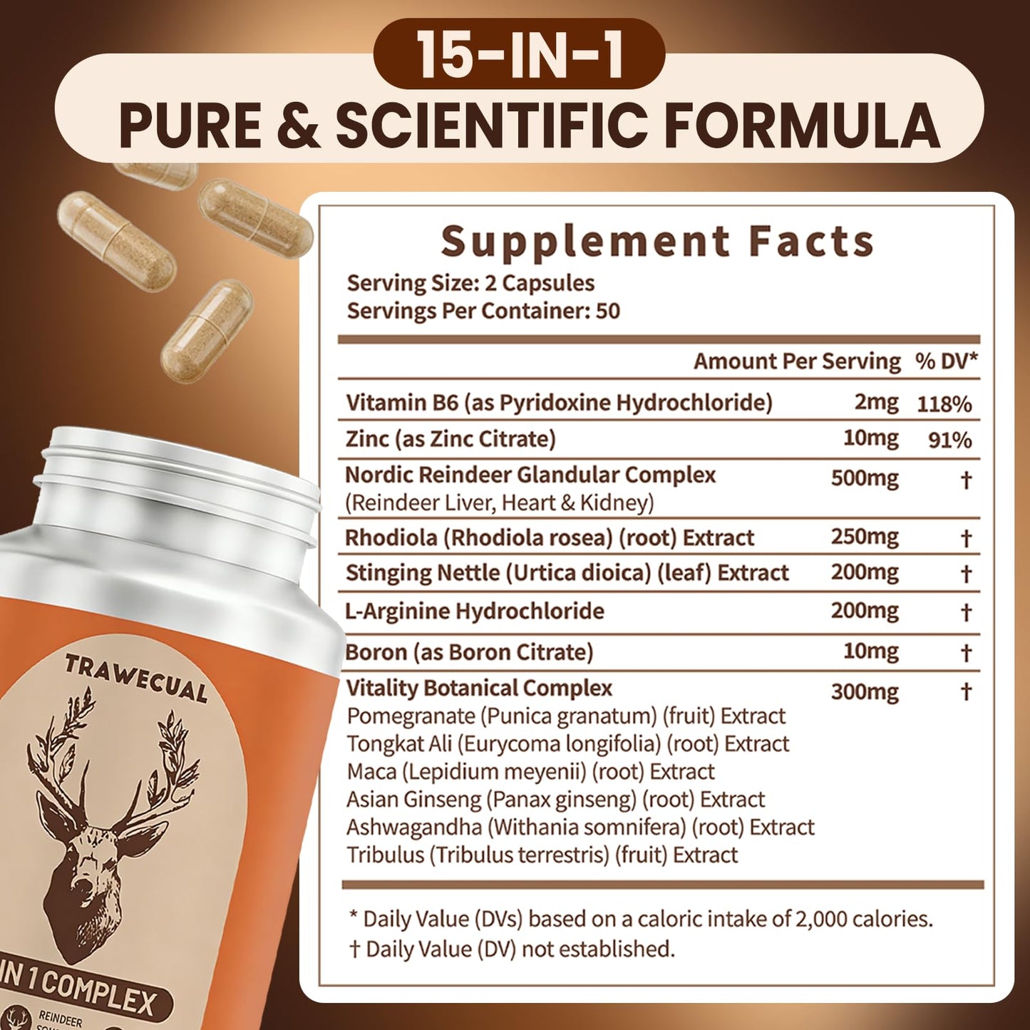 15-in-1 Reindeer Organ Supplement with Arctic Herb for Men, 100 Capsules | 500mg Reindeer Organ Complex with Rhodiola, Nettle, Tongkat Ali, Supports Energy, Stamina & Overall Wellness, 50 Day Supply
