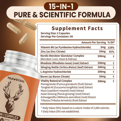 15-in-1 Reindeer Organ Supplement with Arctic Herb for Men, 100 Capsules | 500mg Reindeer Organ Complex with Rhodiola, Nettle, Tongkat Ali, Supports Energy, Stamina & Overall Wellness, 50 Day Supply