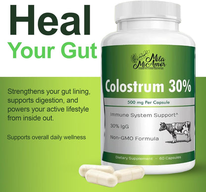Mila Miamor Bovine Colostrum Supplement 500mg Per Capsule, 30% IgG - Gut Health, Immune Support and Digesitive Wellness - Non-GMO, Third-Party Tested, Made in USA - 60 Capsules