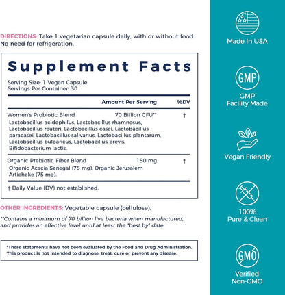 NewRhythm Women's Probiotics, Organic Prebiotics, 70 Billion CFU 10 Strains, Vaginal Probiotics for Urinary & Digestive Health, 30 Vegan Capsules, No Bloating