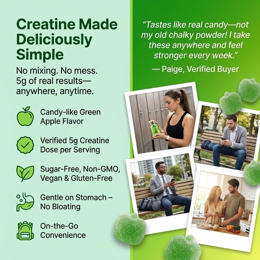 Creatine Monohydrate Gummies Sugar Free – 5000mg (5g) Per Serving (4 Gummies), 120 Count – Crisp Sour Green Apple Flavor – No Mixing – Vegan Creatine Gummies for Men & Women, Non-GMO, Gluten Free