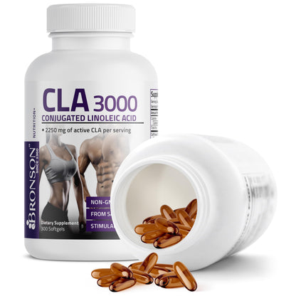 Bronson CLA 3000 Extra High Potency Supports Healthy Weight Management Lean Muscle Mass Non-Stimulating Conjugated Linoleic Acid 120 Softgels | 2250 mg Active CLA per Serving, Non-Stimulating, 100% Safflower Oil, Lean Body Mass Support, Non-GMO