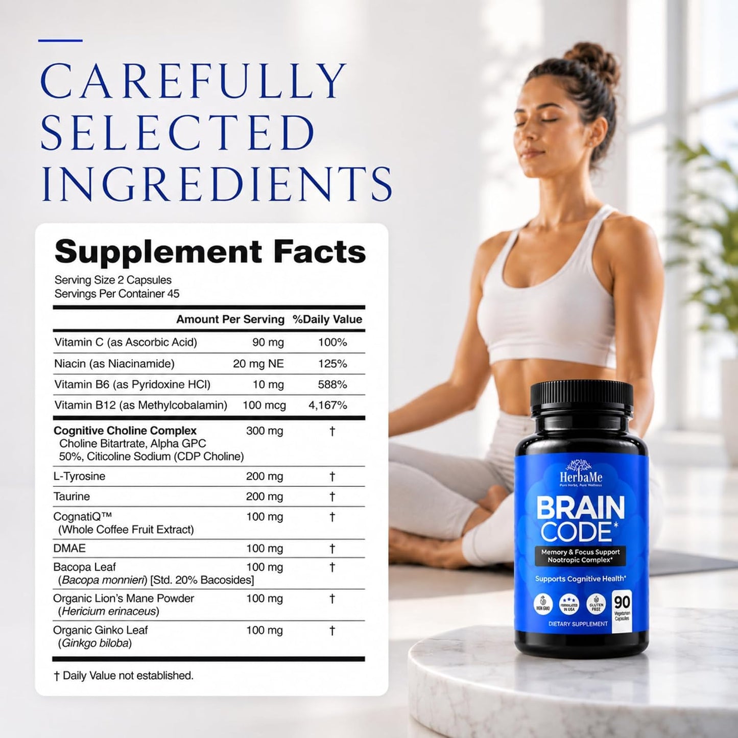 HerbaMe Nootropic Brain Supplement for Focus & Mental Clarity | Daily Cognitive Performance Stack with Choline, Bacopa, Lion’s Mane & L-Tyrosine | Memory & Energy Support | 90 Capsules