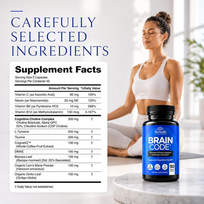 HerbaMe Nootropic Brain Supplement for Focus & Mental Clarity | Daily Cognitive Performance Stack with Choline, Bacopa, Lion’s Mane & L-Tyrosine | Memory & Energy Support | 90 Capsules