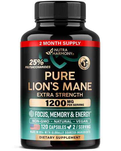 Lions Mane Supplement Capsules - for women & Men - Organic Lions Mane - Fruiting Bodies Extract - 1200 mg, 25% Polysaccharides - Memory & Focus Support - As Lions Powder - 120 Capsules, 2 Month Supply