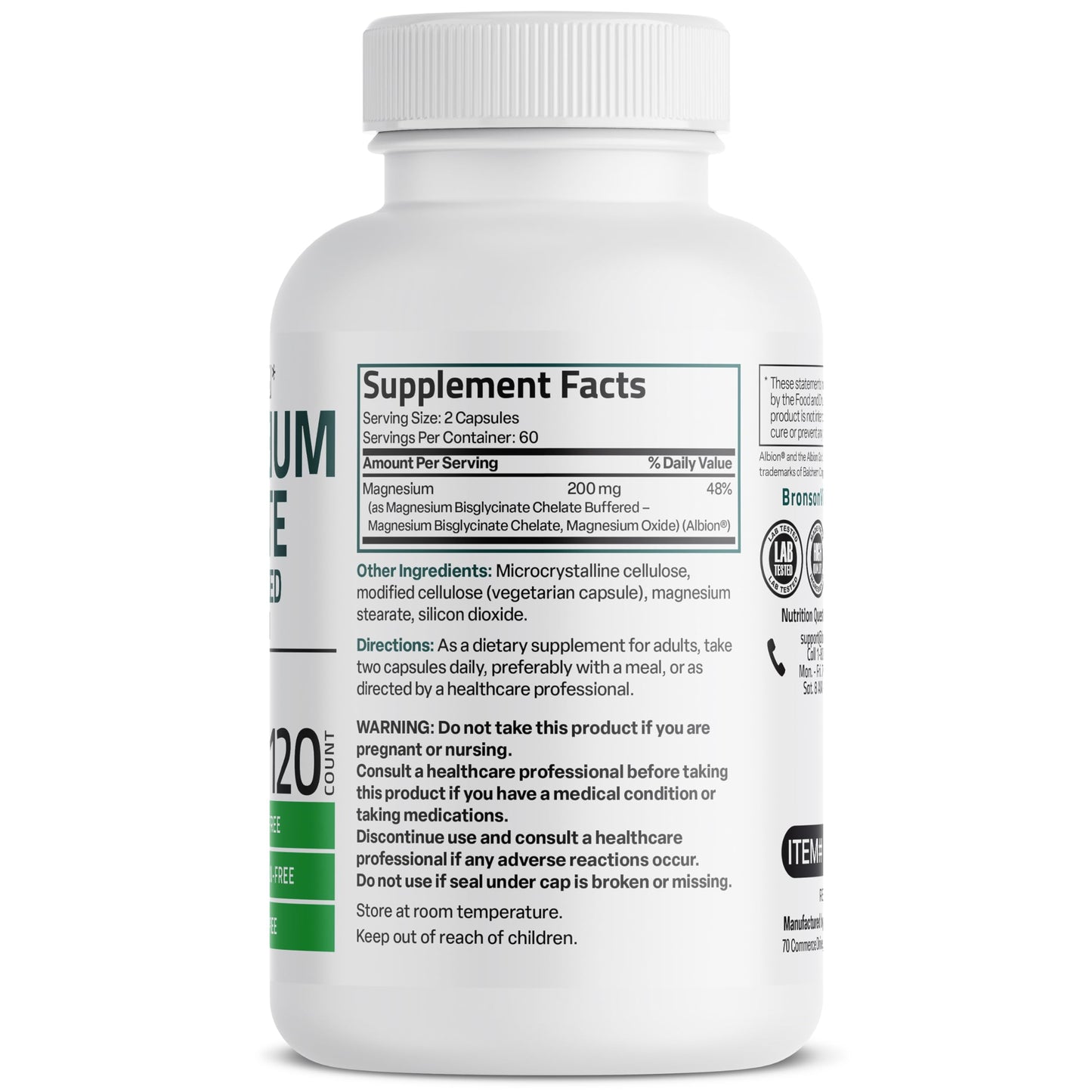Bronson Magnesium Glycinate 200 MG Chelated High Absorption, 60 Capsules | Stress Relief, Sleep, Heart Health, Nerves, Muscles, and Metabolism Support, Vegetarian, Non-GMO, Gluten Free, Soy Free