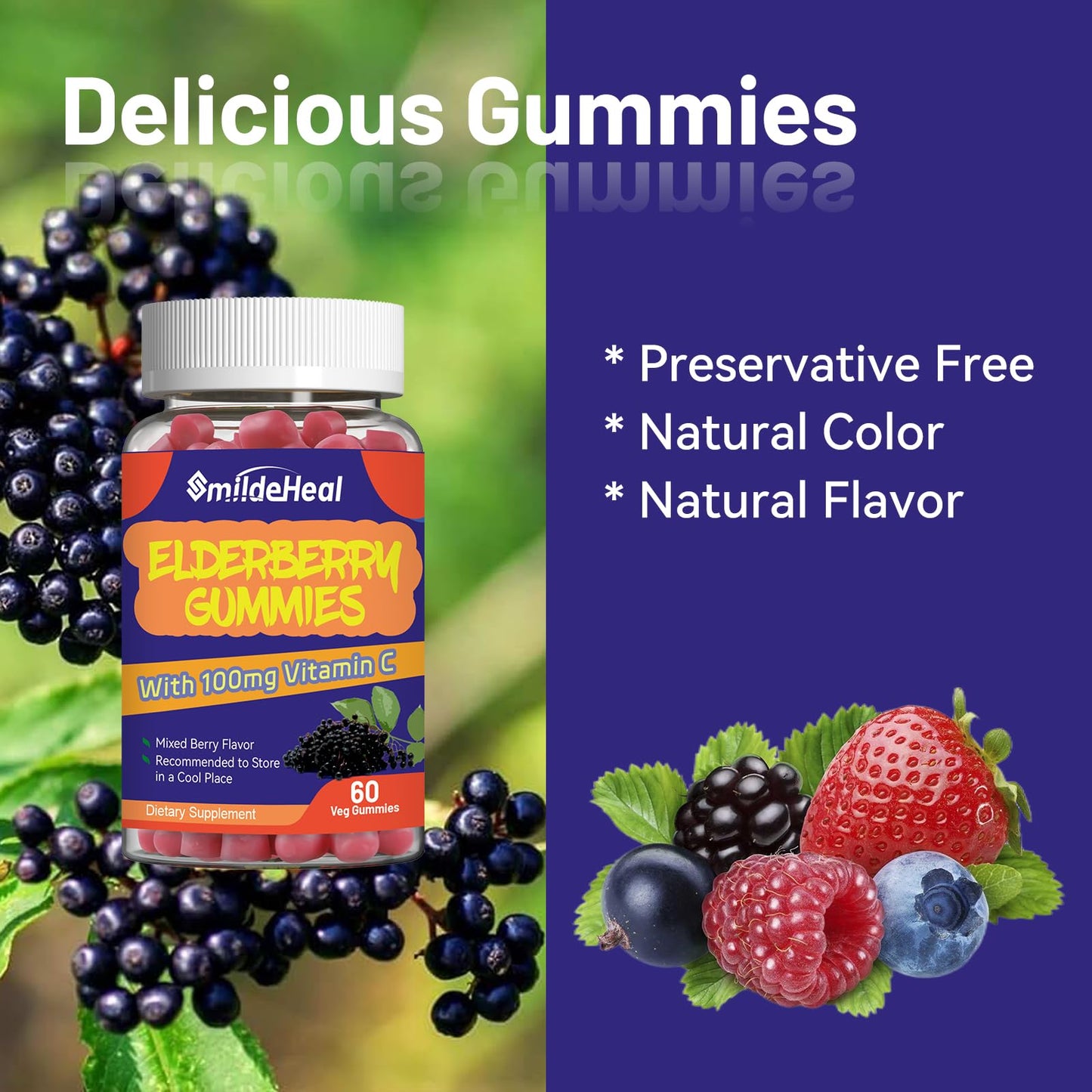 Elderberry Gummies 300mg, with Vitamin C and Zinc, 60 Count | Elderberry Gummies, Elderberry Extract 300mg, with Vitamin C and Zinc, Strawberry Flavor GummiesImmune Support, 60 Count