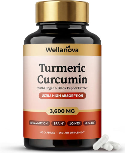 Turmeric Curcumin Supplement with Ginger & Black Pepper Extract 3,600 mg | Ultra High Absorption, Inflammation, Joint & Muscle Support, 60 Capsules