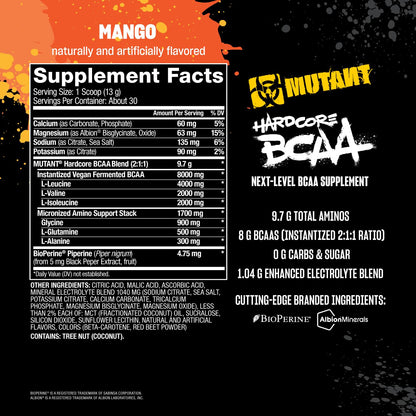 Mutant Hardcore BCAA - Pre, Intra or Post Workout – BCAA Next Level branched-Chain Amino Acids Supplement – Hydration + Recovery - 30 Serving - Blue Raspberry