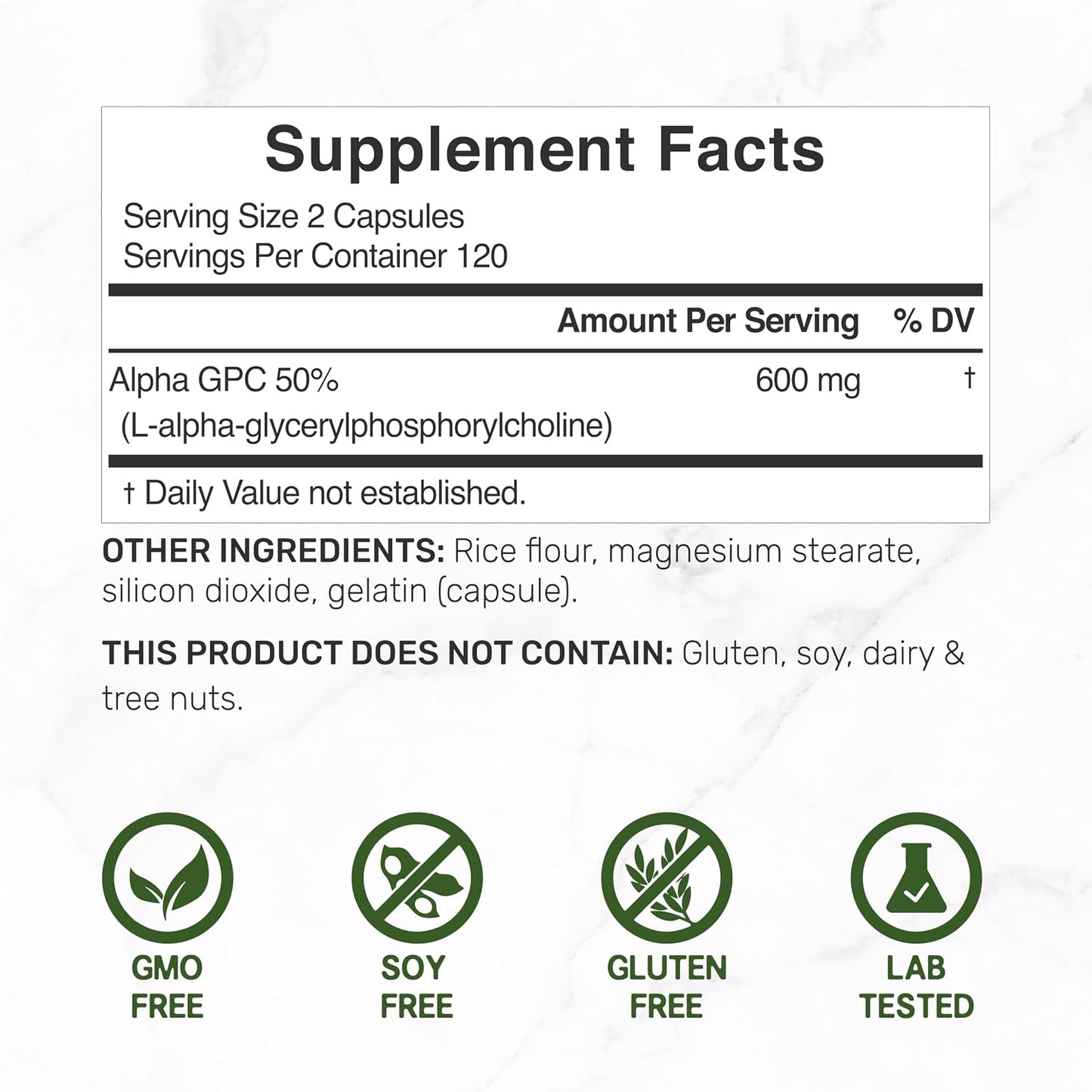 DEAL SUPPLEMENT Alpha GPC 600 mg Per Serving, 240 Capsules – Alpha GPC Choline Supplement – 120 Servings – Non-GMO, Gluten Free