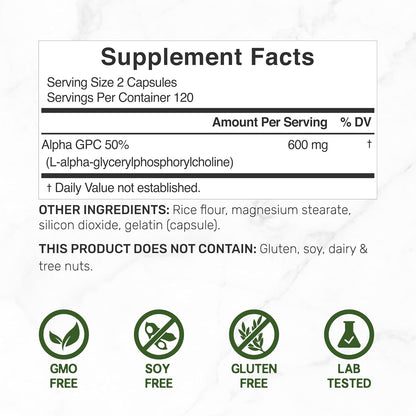 DEAL SUPPLEMENT Alpha GPC 600 mg Per Serving, 240 Capsules – Alpha GPC Choline Supplement – 120 Servings – Non-GMO, Gluten Free