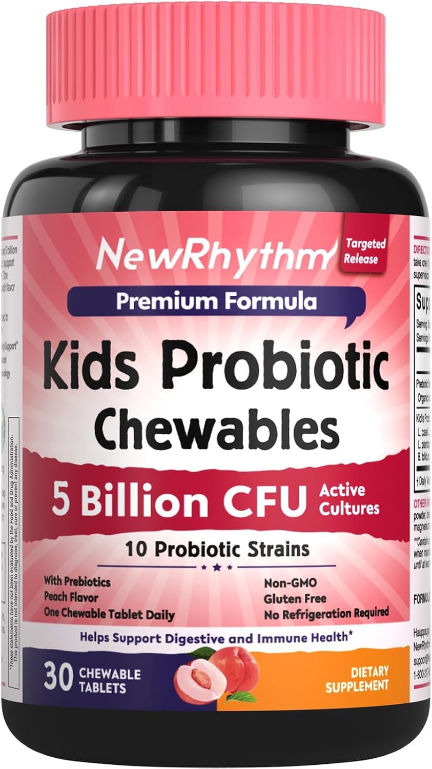 NewRhythm Kids Probiotic Chewables, 5 Billion CFU 10 Strains, with Prebiotic Fiber Inulin & Organic Acacia for Age 3+, Natural Peach Flavored, for Digestive & Immune Support, 30 Chewable Tablets
