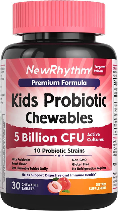 NewRhythm Kids Probiotic Chewables, 5 Billion CFU 10 Strains, with Prebiotic Fiber Inulin & Organic Acacia for Age 3+, Natural Peach Flavored, for Digestive & Immune Support, 30 Chewable Tablets