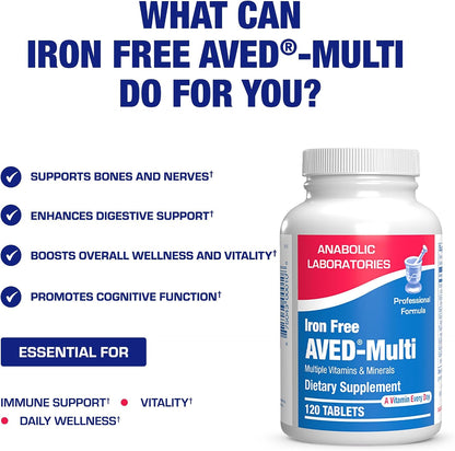 Iron Free Daily Multivitamin for Men and Women, 120 Tablets - AVED Daily Multi Vitamin and Minerals Health Supplement - Vitamins A, C, D, E, Vitamin B Complex, Zinc, Calcium, Magnesium, More