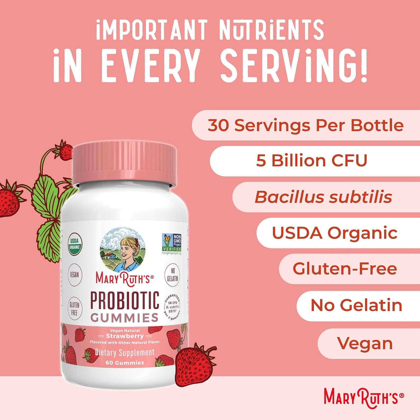 MARYRUTH'S USDA Organic Probiotic Gummies Probiotic Digestive Support | Immune Support | Digestive & Gut Health Supplement | 5 Billion CFU | Vegan | Non-GMO | Gluten Free | 60 Count