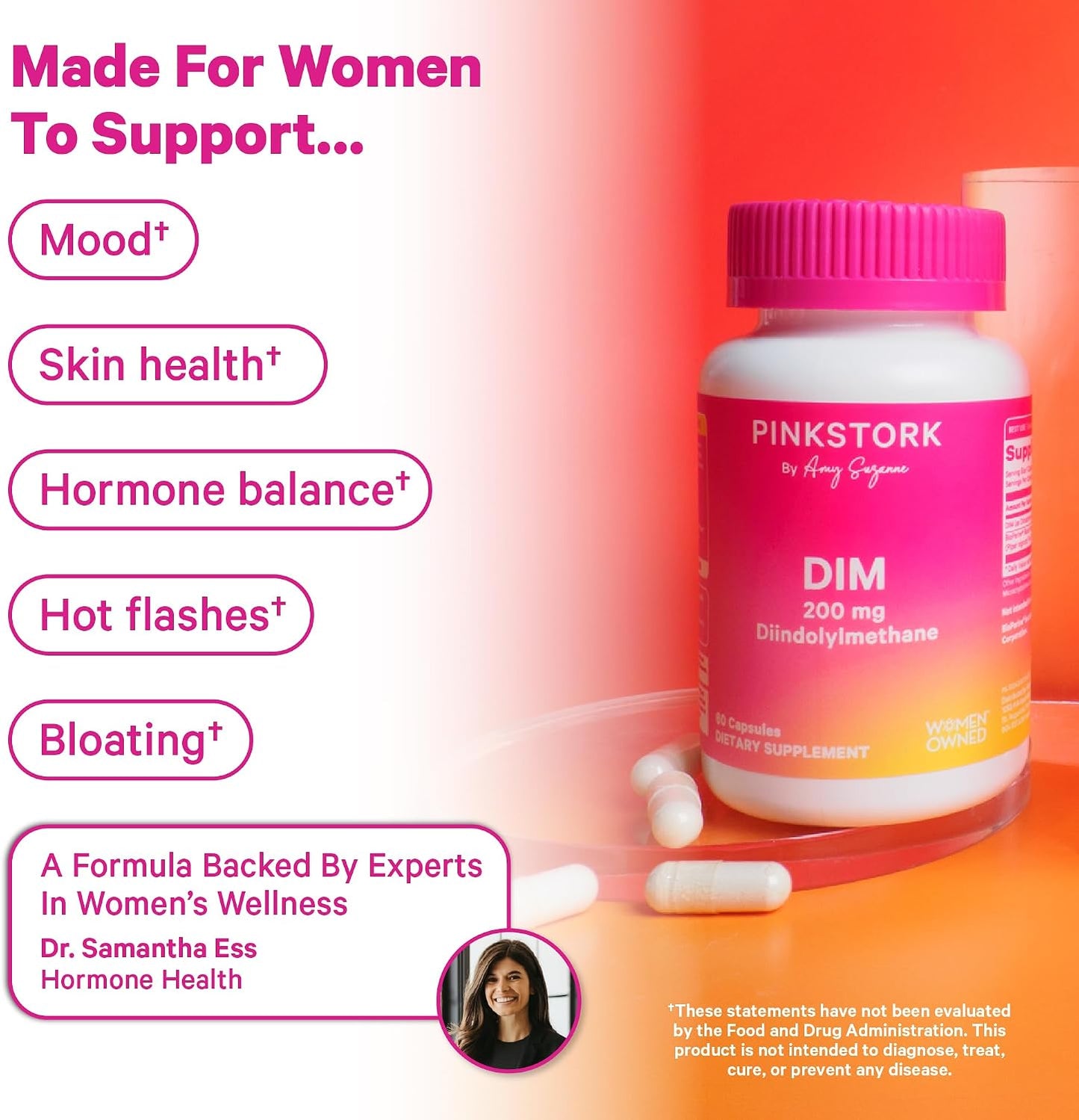 Pink Stork DIM Supplement for Women, 60 Capsules | Estrogen and Hormone Balance for Menopause, Perimenopause & PMS, DIM 200 mg plus BioPerine, Mood Support, 60 Day Supply