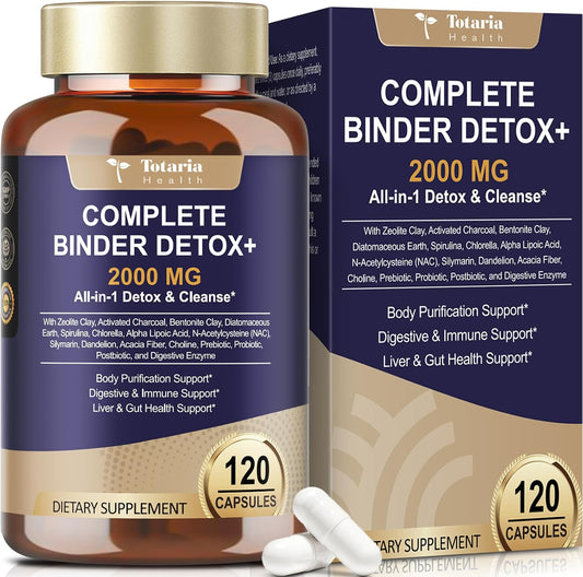 Totaria 2000MG All-in-1 Detox Binder, Activated Charcoal, Zeolite, Bentonite Clay, Alpha Lipoic Acid, 7-Layer Detox & Cleanse Supplement, Liver & Gut Support, 120 Counts