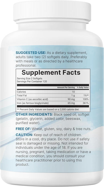 Micro Ingredients Ferrous Iron Bisglycinate 65 mg, 240 Softgels | Chelated Iron Supplement for Women & Men | Supports Red Blood Cell Production* | with Vitamin C & Black Seed Oil | Non-GMO