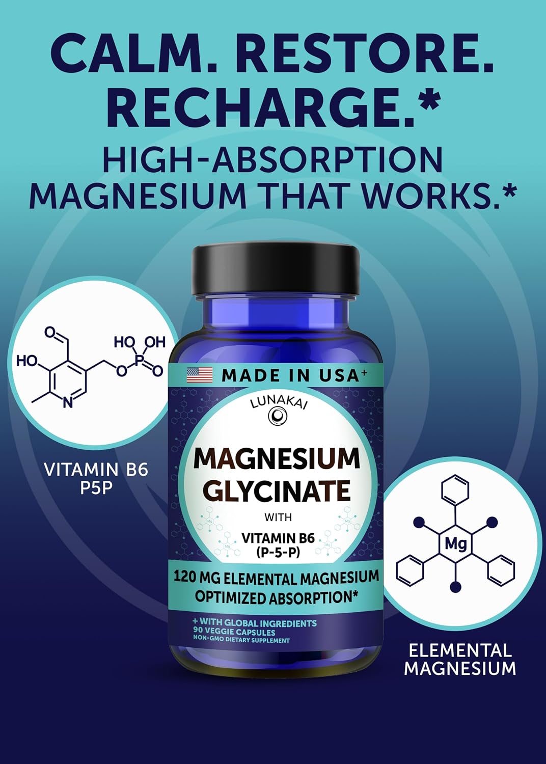 Lunakai USA Made Pure Magnesium Glycinate Capsules 120mg Elemental with B6 (P-5-P) – High Absorption Magnesium Supplement for Women & Men - Daily Sleep & Muscle Support, Non-GMO, 90ct