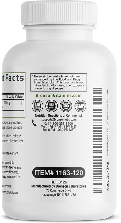 Bronson Ginkgo Biloba Extra Strength Brain & Memory Support 120 Capsules | Vegetarian, Non-GMO, Gluten Free, Soy Free, Memory, Cognitive & Brain Health Support