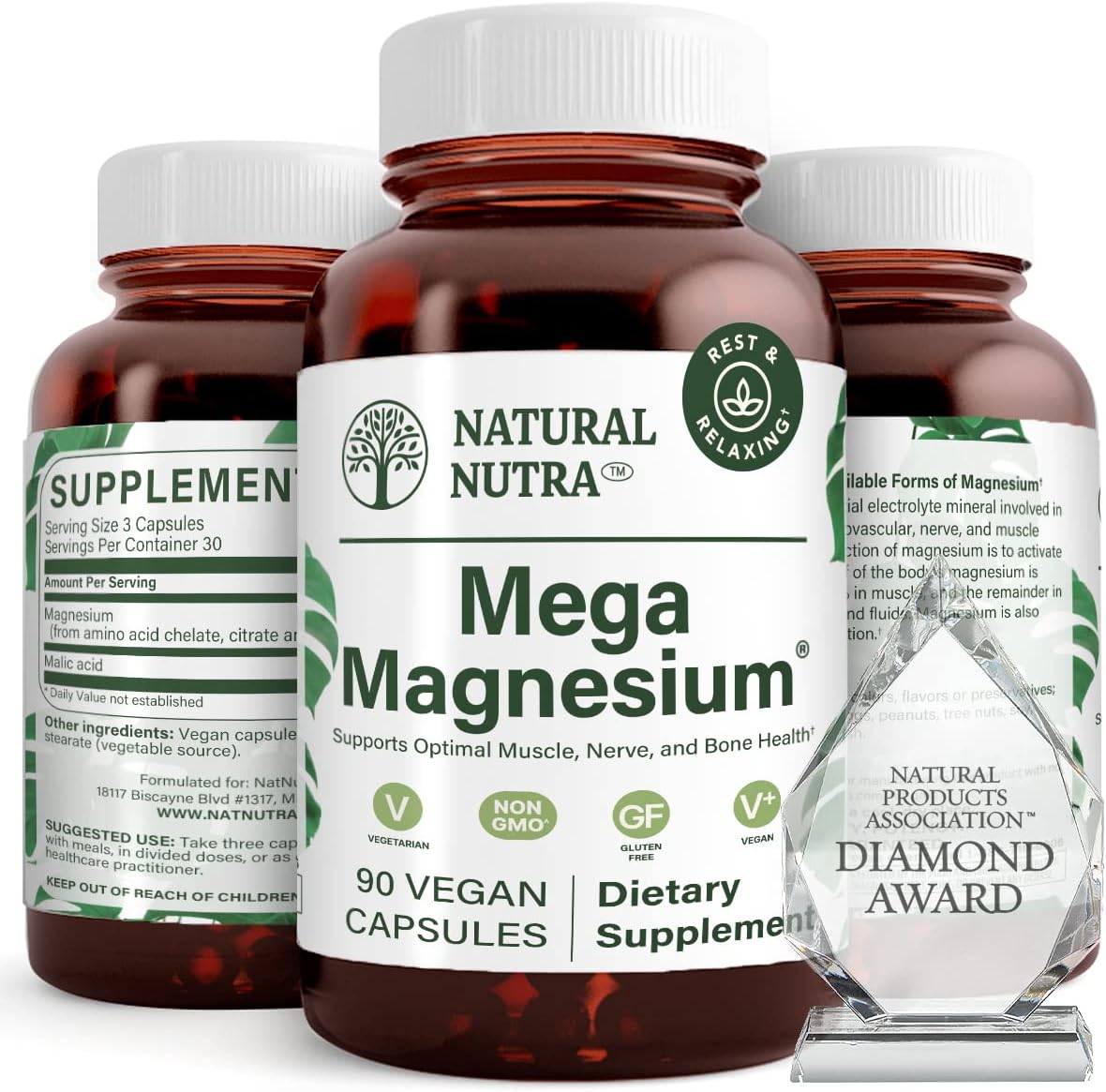 Natural Nutra Mega Magnesium 400mg Supplement - High Absorption Amino Acid Chelate, Better Vibes, Citrate, Malate Blend for Muscle Growth, Bone Strength, Heart Health, Nerve Support - 90 Capsules