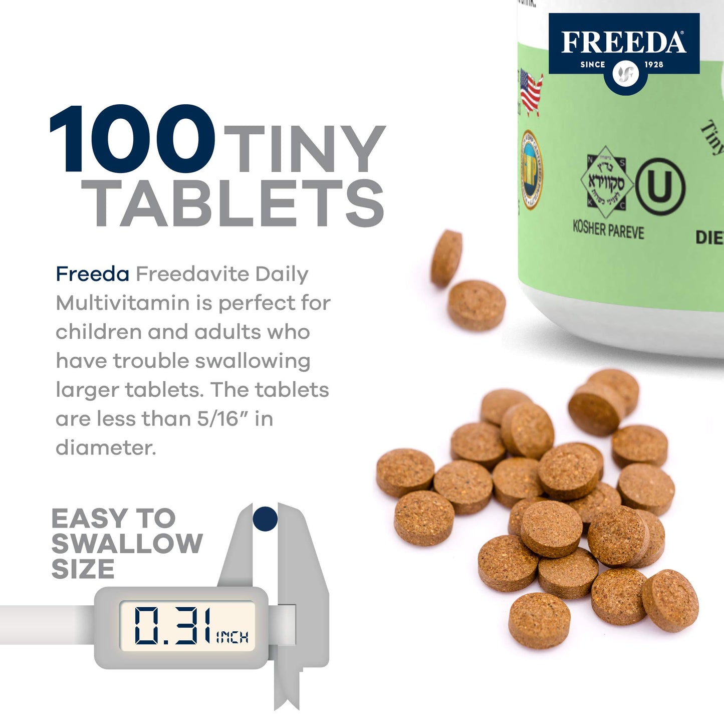 Freedavite Tiny Tablet - Moderate Multivitamin for Men and Women - Pure Vitamin A, C, D, E, B1, B2, B6, B12, Biotin, Calcium, Zinc, Iron, Magnesium, Manganese, Copper, Selenium, Iodine - 250 Count | Supports Energy, Immunity, Bone & Brain Health – 20 Esse