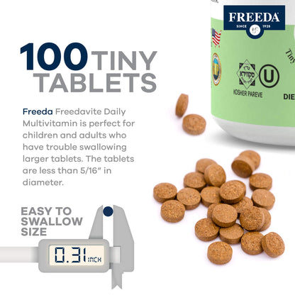 Freedavite Tiny Tablet - Moderate Multivitamin for Men and Women - Pure Vitamin A, C, D, E, B1, B2, B6, B12, Biotin, Calcium, Zinc, Iron, Magnesium, Manganese, Copper, Selenium, Iodine - 250 Count | Supports Energy, Immunity, Bone & Brain Health – 20 Esse
