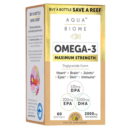 Aqua Biome by Enzymedica Omega 3 Fish Oil Maximum Strength - 120 Softgels | Fish Oil Omega 3 Fatty Acid Supplement for Women & Men, Source of DPA, EPA, & DHA, Heart & Brain Health Support, Gluten Free
