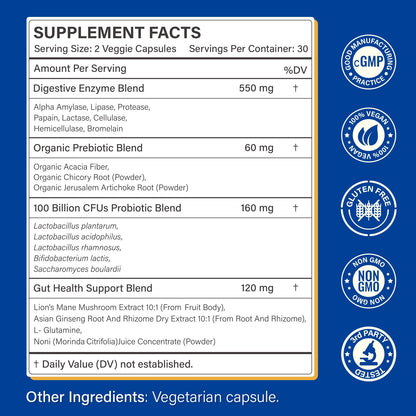 Digestive Enzymes Supplement with 100 Billion CFU Probiotic & Prebiotic | Multi-Enzyme Formula for Women & Men - Supports Digestive & Gut Health, Aids Protein, Carb & Dairy Digestion, 60 Caps