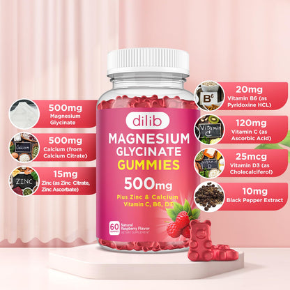 Magnesium Glycinate Gummies 500mg - Magnesium Supplement with Vitamin B6 for Adults & Magnesium for Kids - Calm Magnesium for Sleep, Mood, Muscle Support - Strawberry Flavor, 60 Gummies